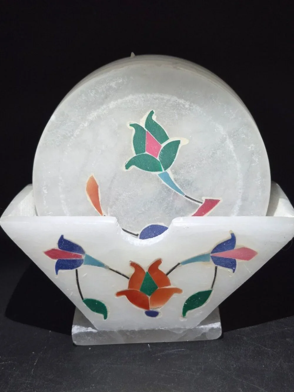 Marble Coaster Set With Floral Inlay Design 6 Coasters And Holder
